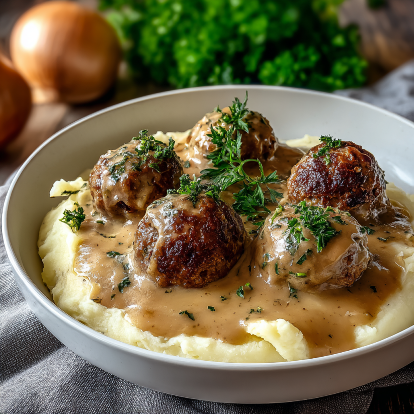 A plate of meatballs covered in gravy.