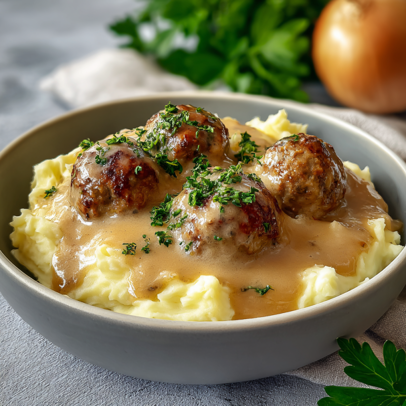 A bowl of food with meatballs and gravy.