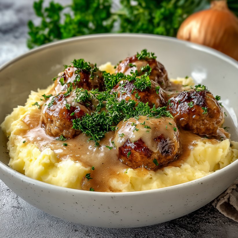 A bowl of food with meatballs and gravy.