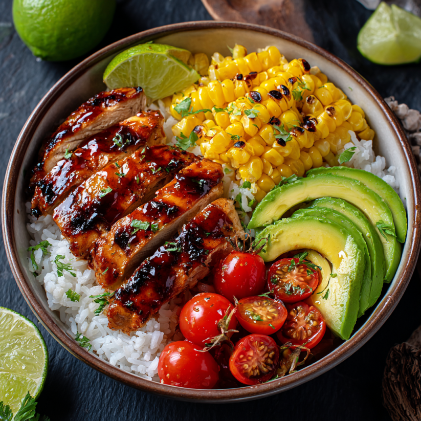 A bowl of food with rice, corn, tomatoes, and avocado.