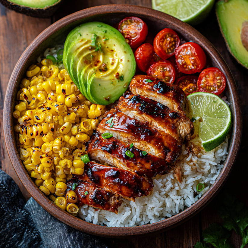 A bowl of food with rice, corn, tomatoes, limes, and chicken.