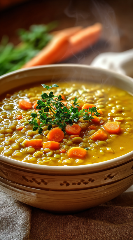 A bowl of soup with carrots and parsley.