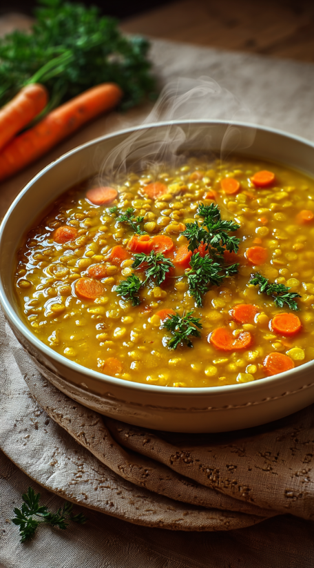 A bowl of soup with carrots and parsley.