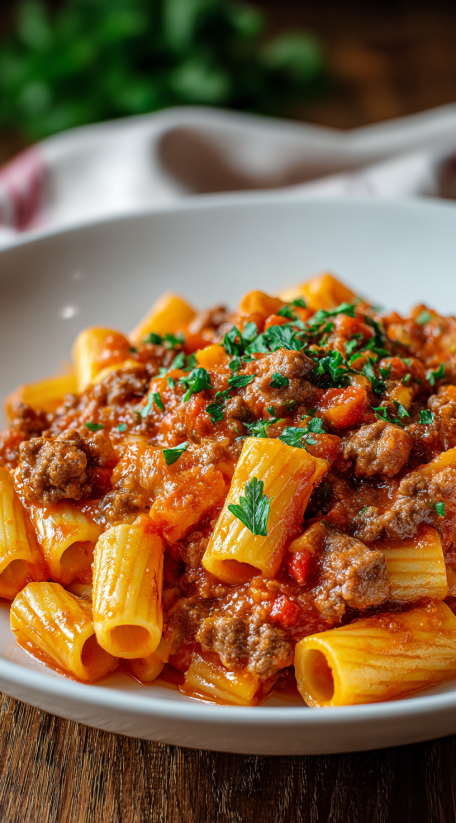 A plate of pasta with meat and sauce.