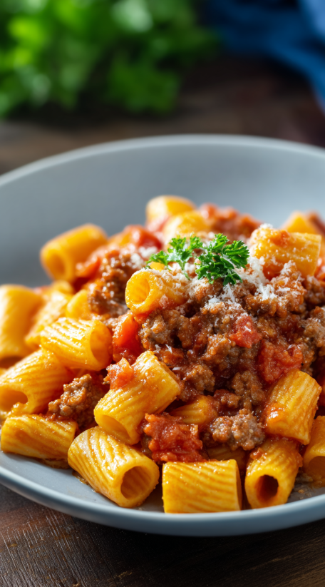 A bowl of pasta with meat sauce and cheese.