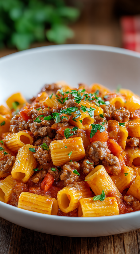 A bowl of pasta with meat and vegetables.