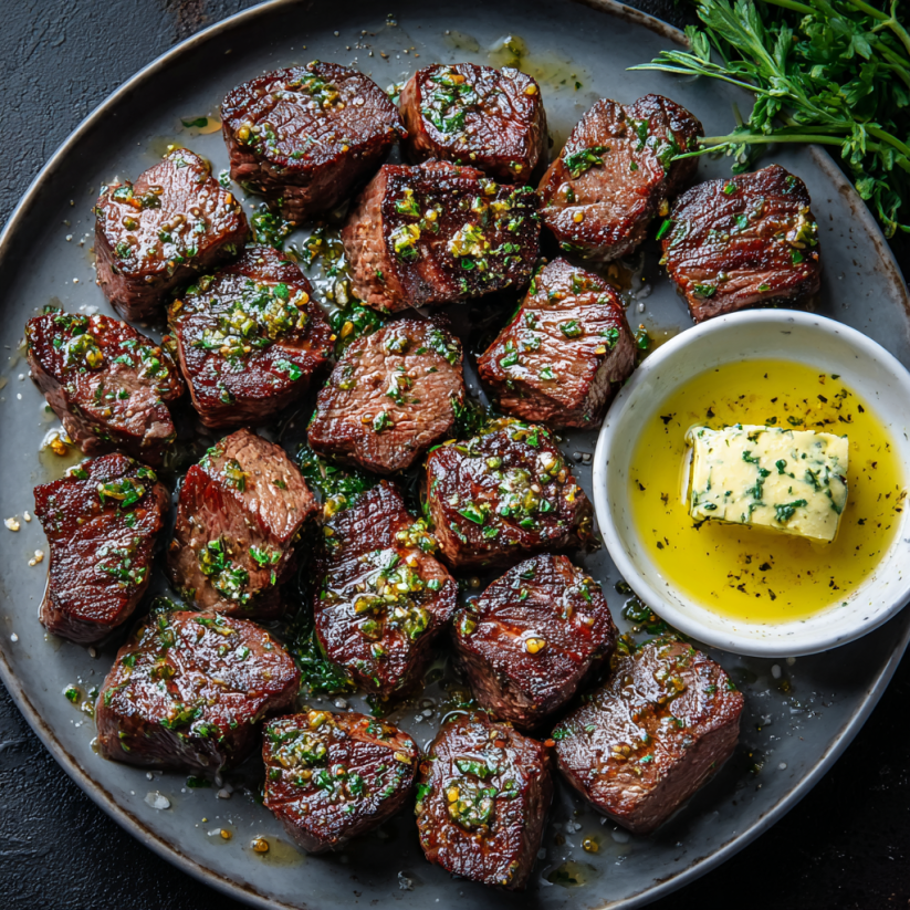 A plate of garlic butter steak bites.