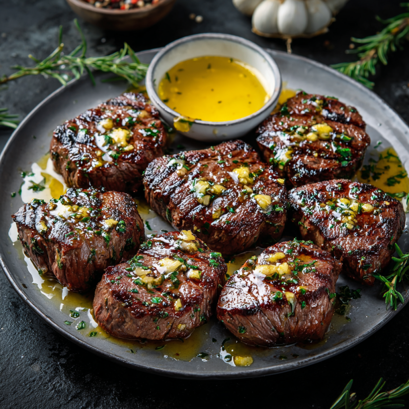 A plate of meat with a bowl of sauce.