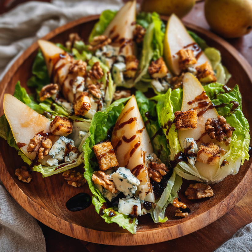 A salad with pears and gorgonzola cheese.