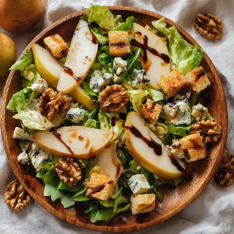 A plate of salad with apples and blue cheese.