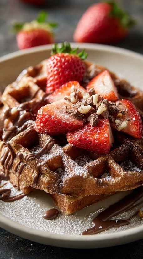 A plate of biscoff cinnamon waffles with strawberries on top.
