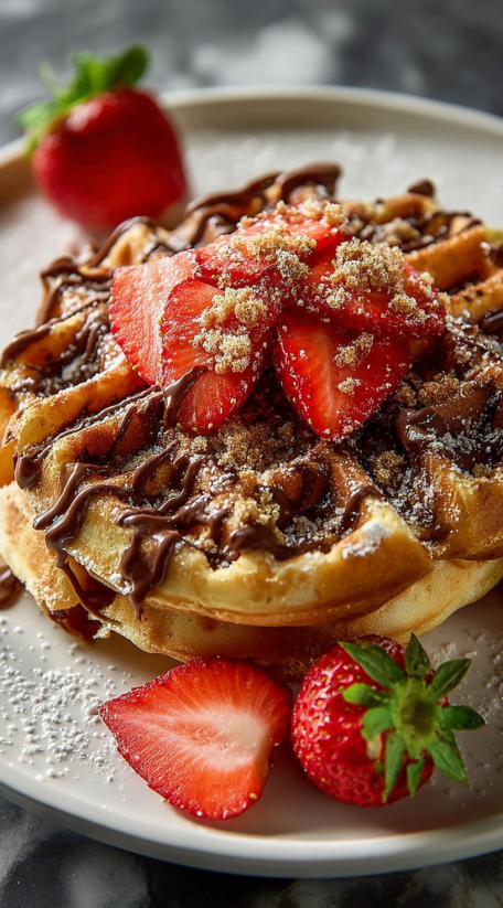 A waffle with chocolate and strawberries on top.