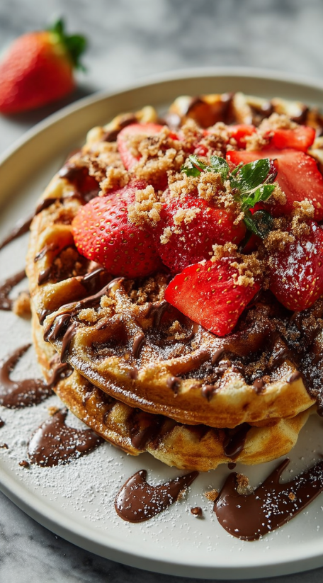 A waffle with strawberries and chocolate.