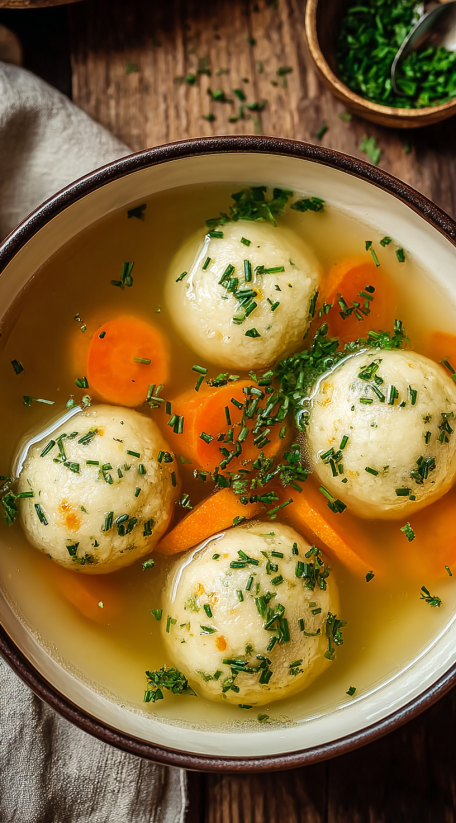 A bowl of soup with matzo balls.