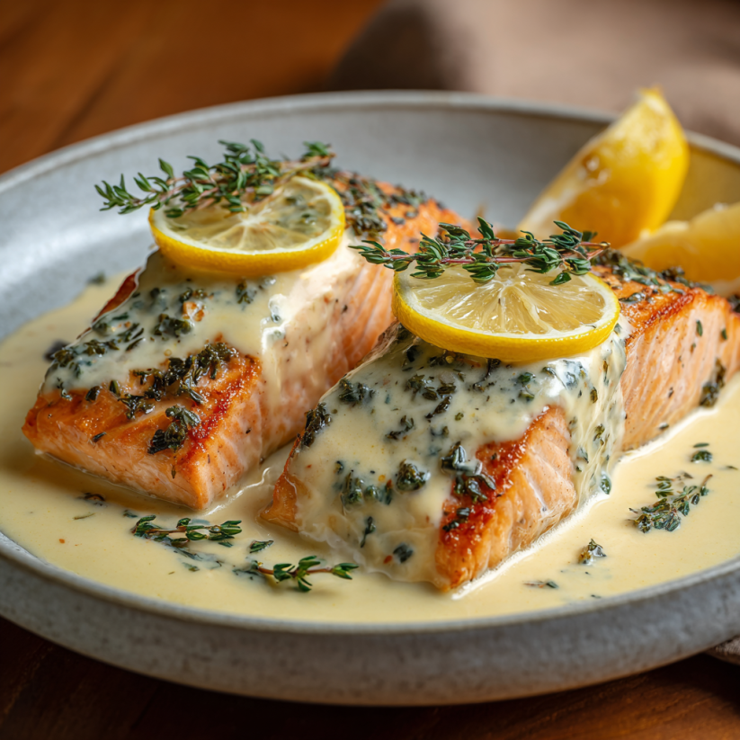 A plate of baked salmon with lemon sauce.