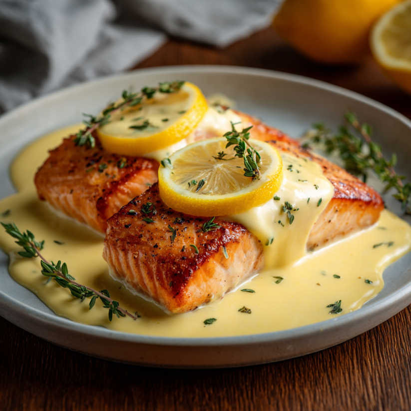 A plate of baked salmon with lemon sauce.