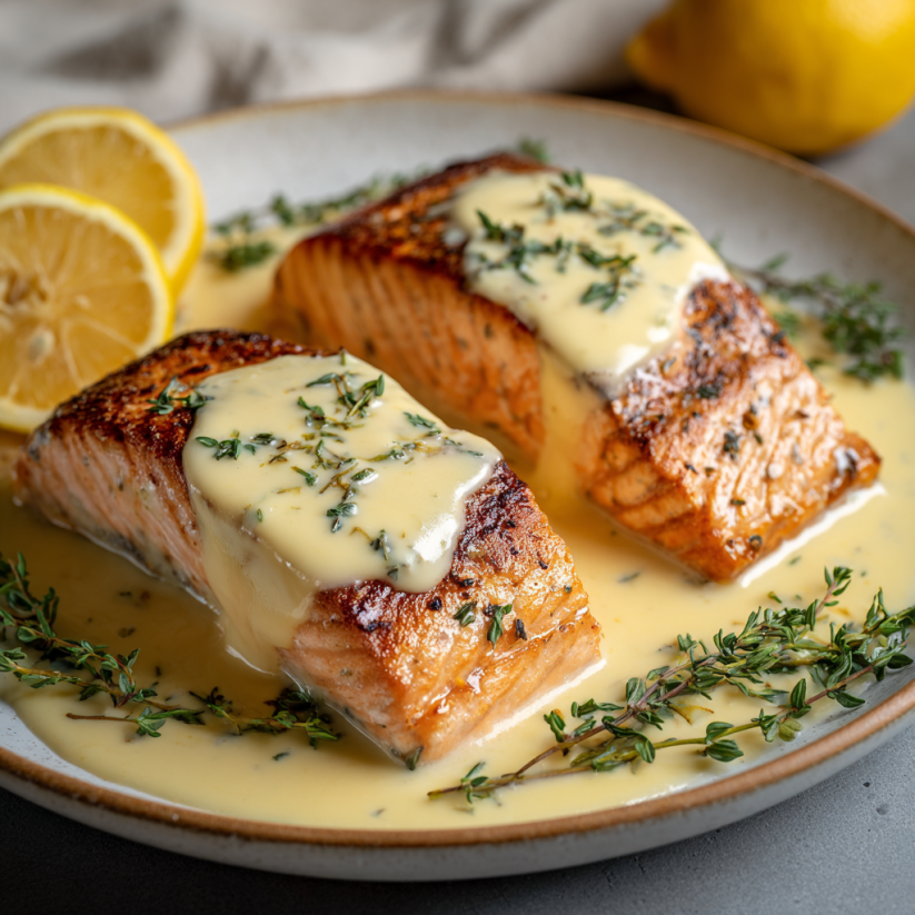 A plate of fish with lemon and herbs.