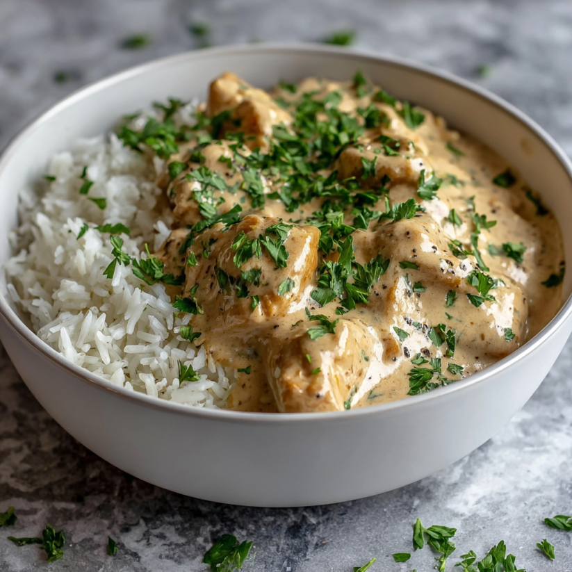 A bowl of smothered chicken and rice.