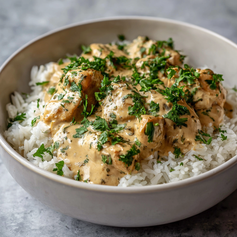 A bowl of smothered chicken and rice.