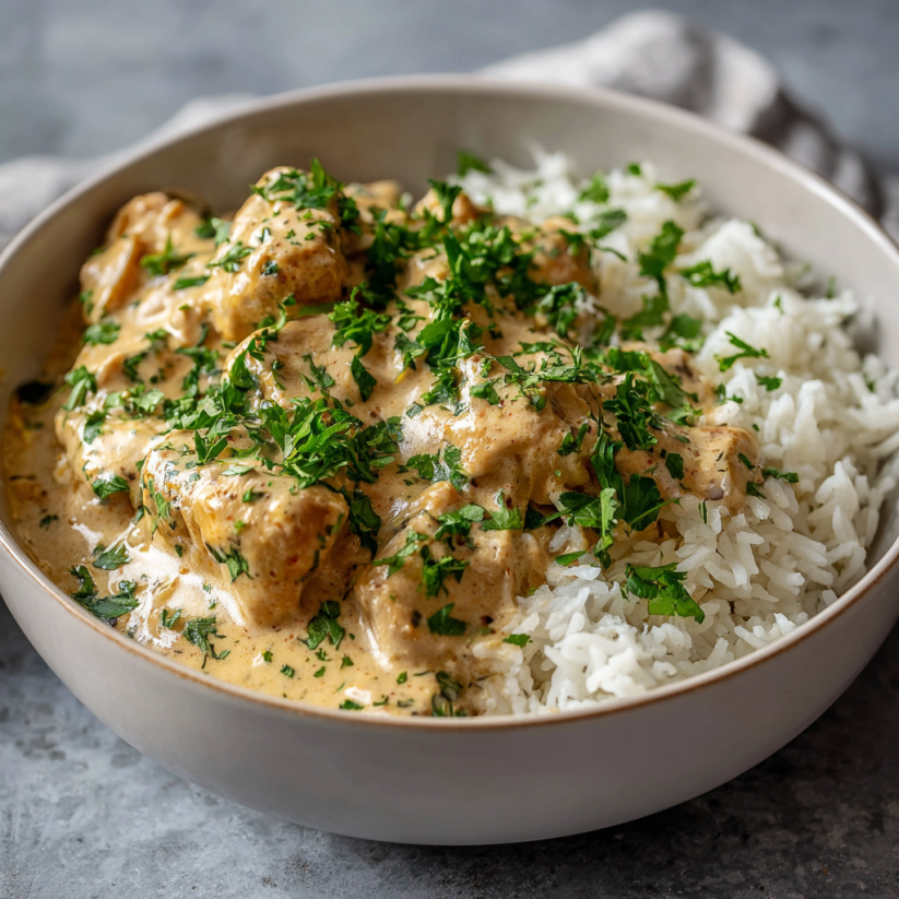 A bowl of rice and meat.