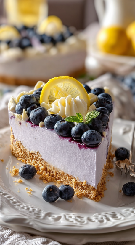 A slice of blueberry cheesecake with a lemon wedge on top.