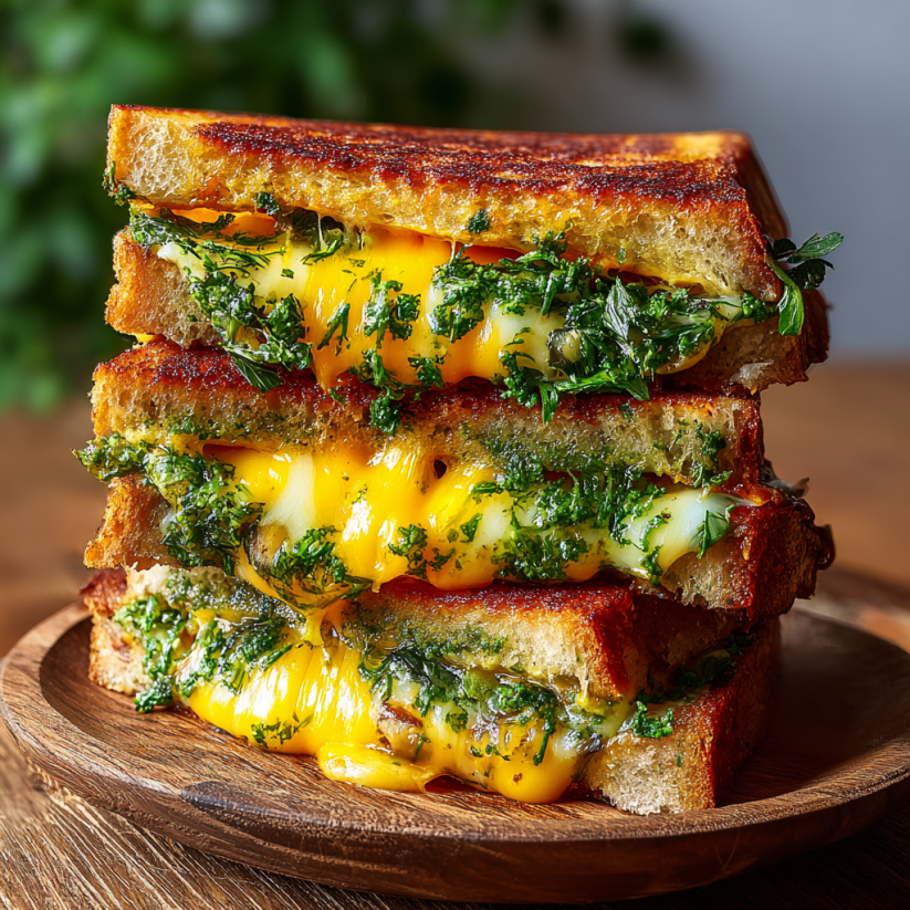 A stack of grilled cheese sandwiches with greens.