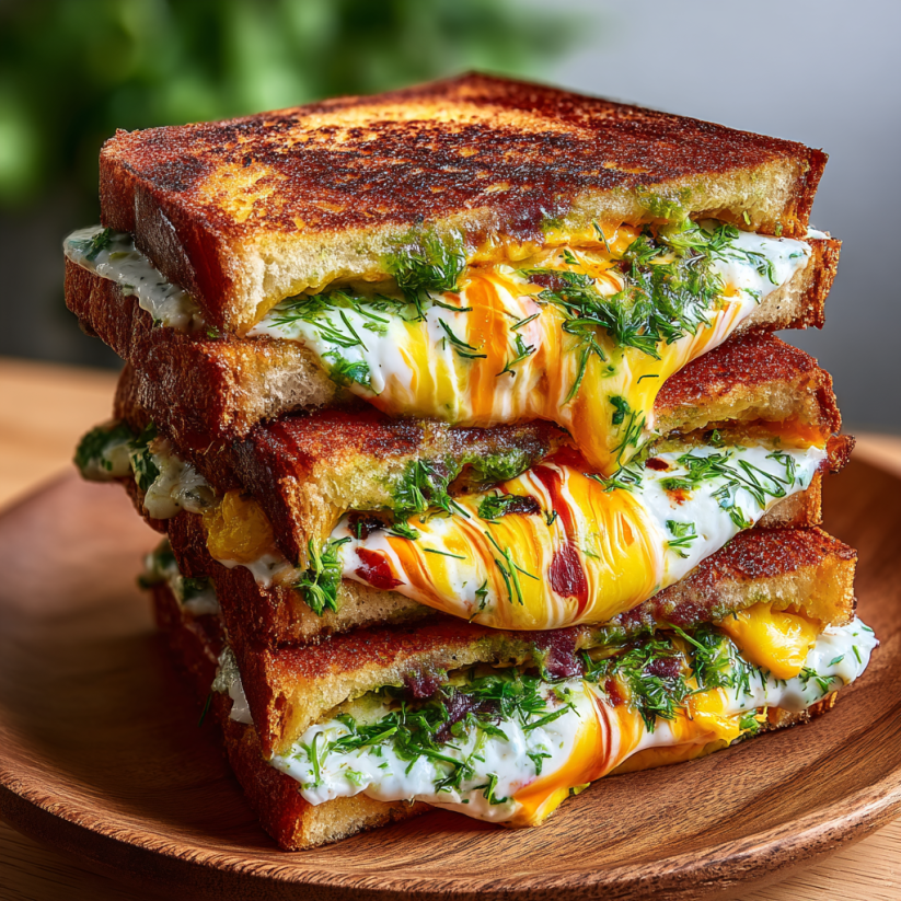 A stack of sandwiches with sauce on top.
