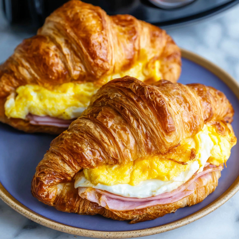 Two croissants with ham, egg, and cheese.