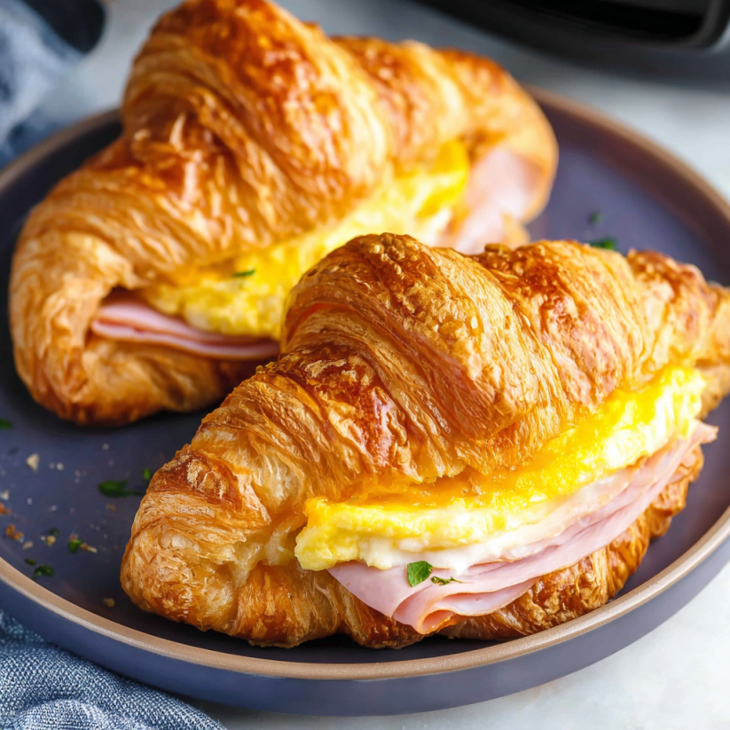 A plate with two croissants and eggs.