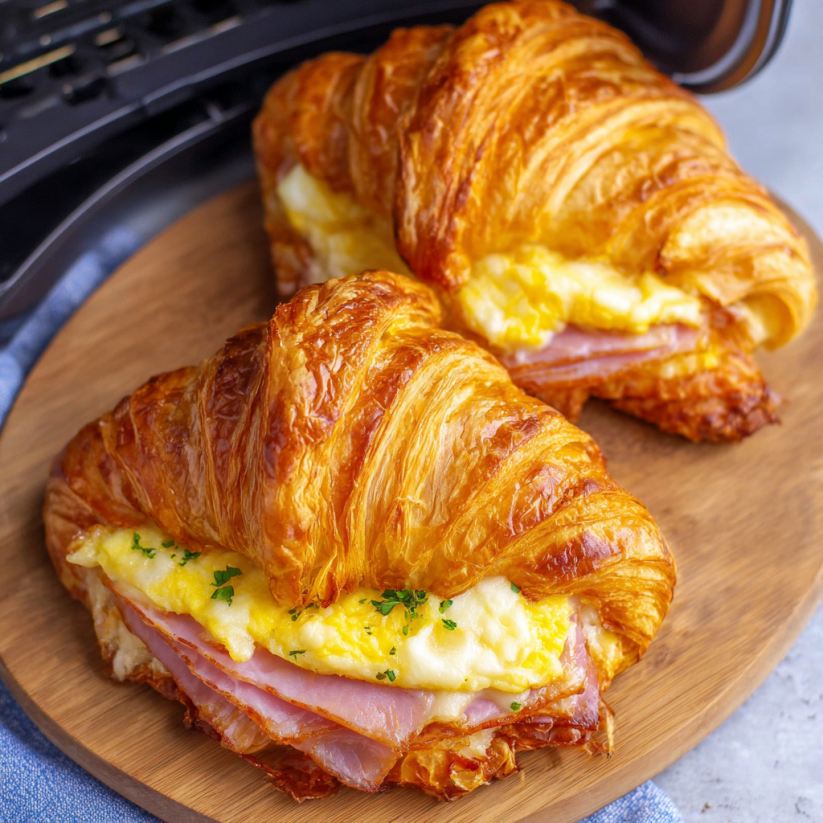 Two croissants with ham and cheese.