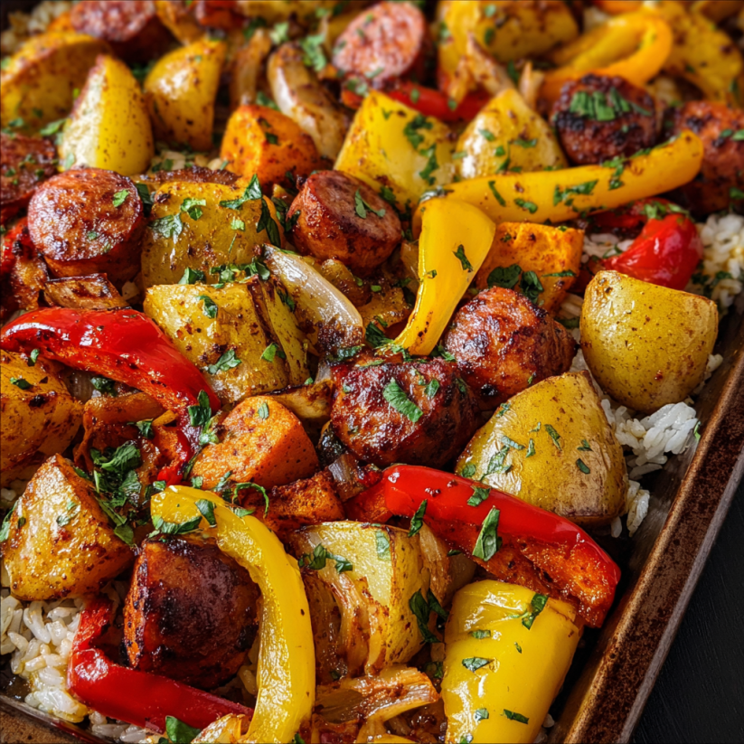 A delicious zesty kielbasa sheet pan dinner.