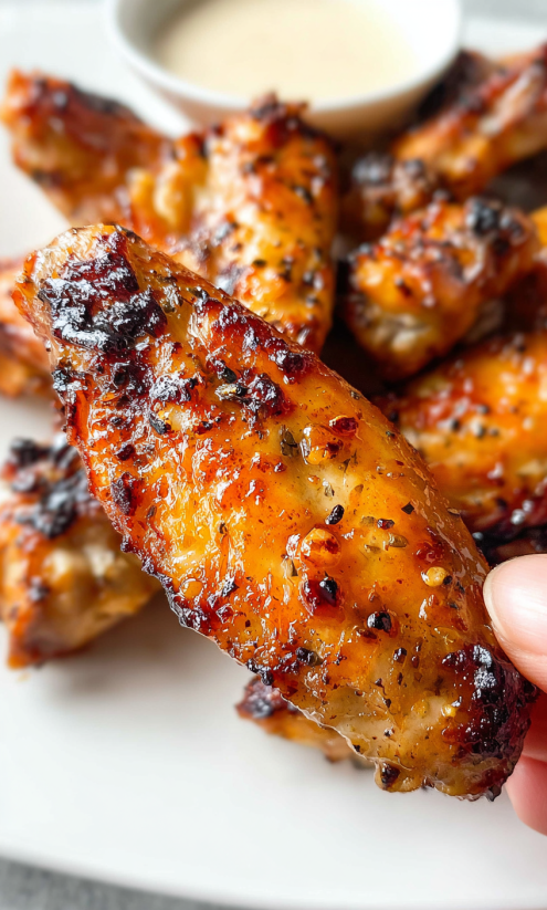 A hand holding a piece of air fried chicken.