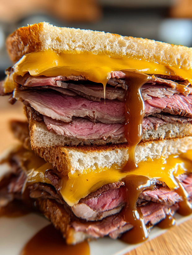 A stack of beef cheddar melt sandwiches.