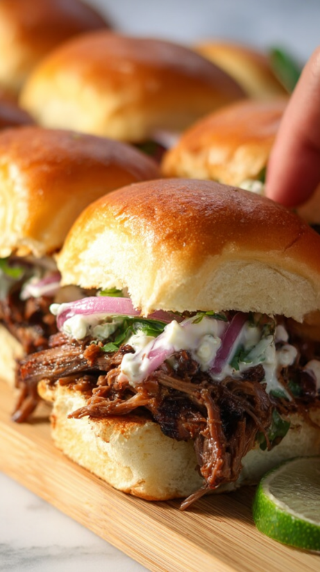 A person is holding a beef birria slider.