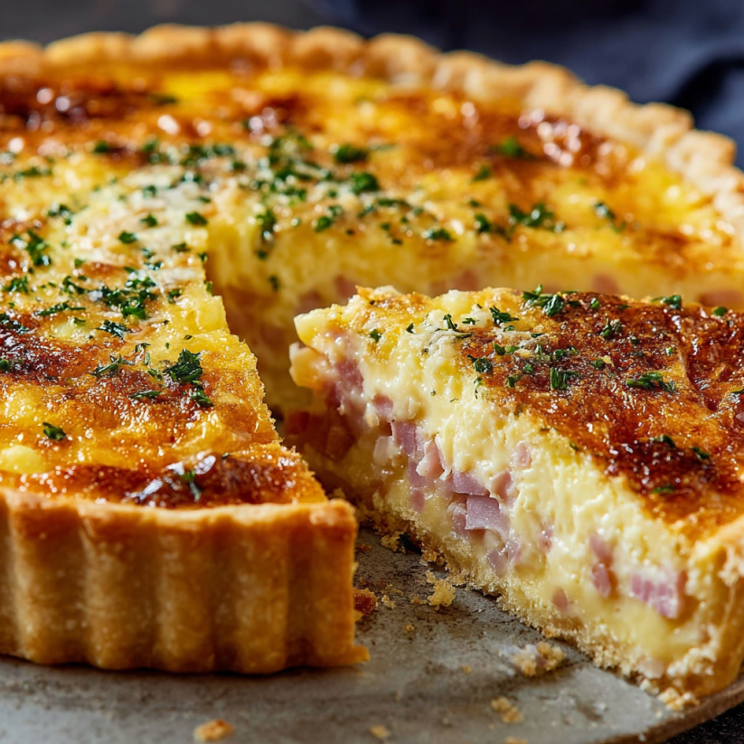 A slice of delicious ham and cheese quiche.