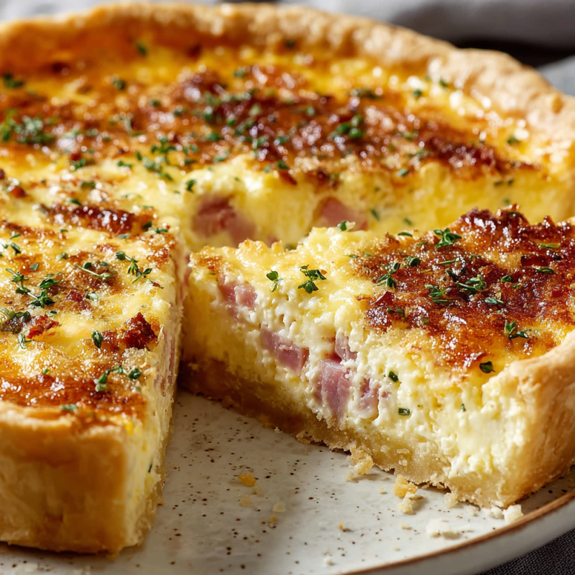 A slice of delicious ham and cheese quiche.
