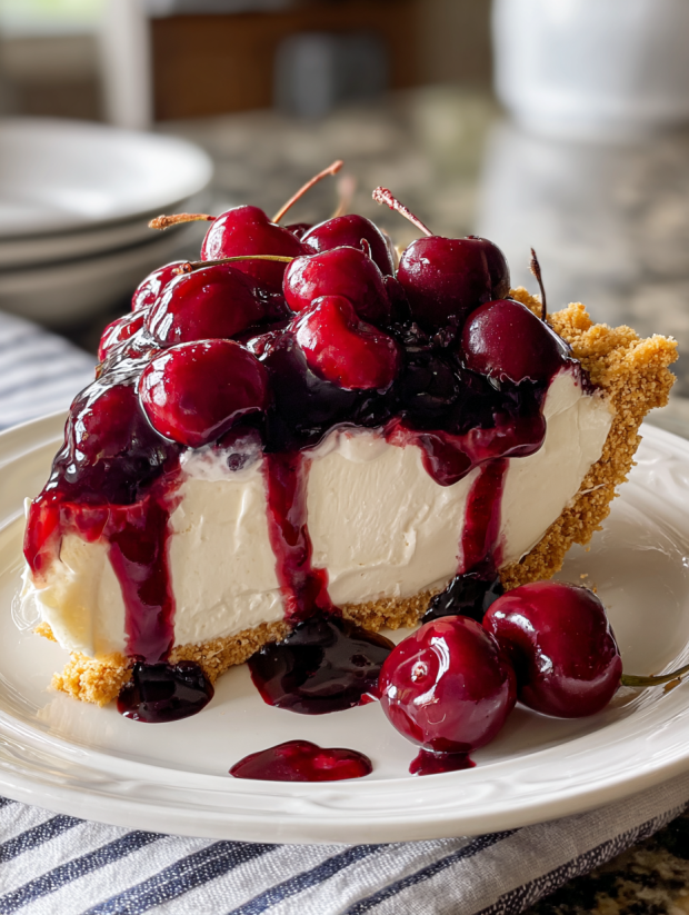 A slice of cherry cheesecake with cherries on top.