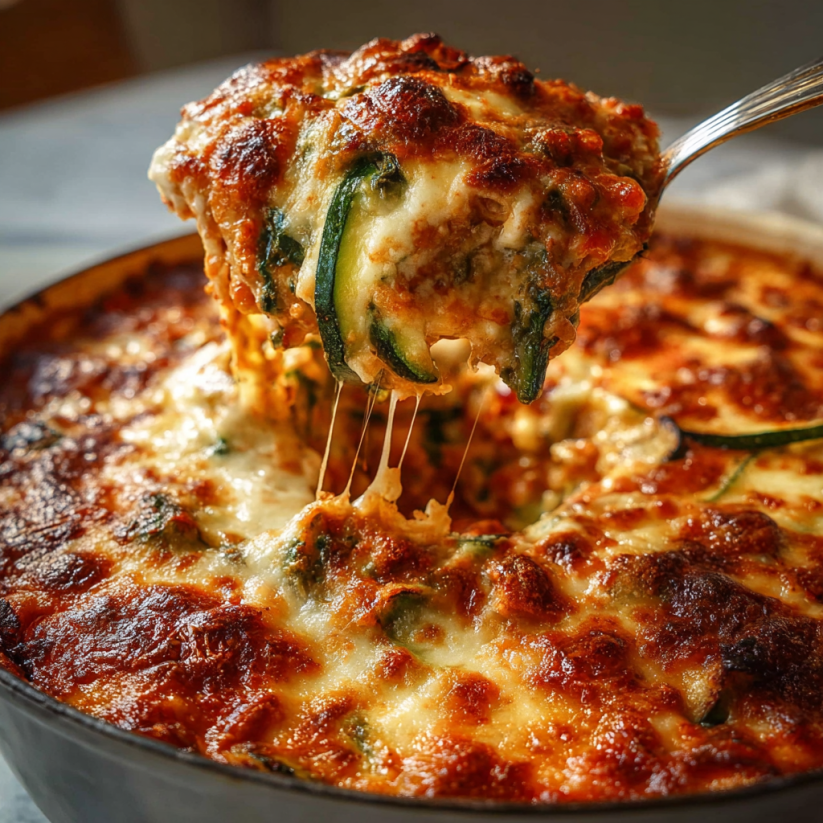 A cheesy zucchini ricotta bake being served.