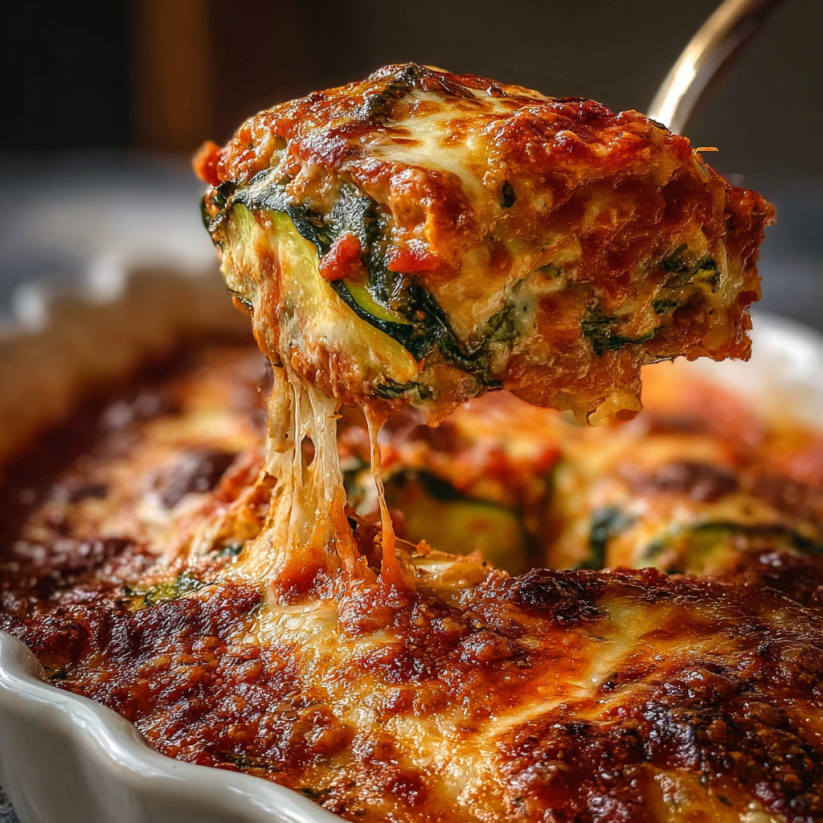 A cheesy zucchini ricotta bake being served.