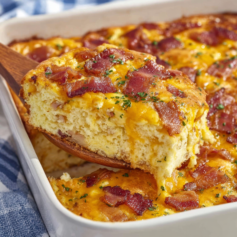 A white plate with a slice of bacon and cheese casserole.