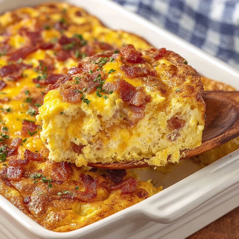 A slice of bacon and cheese casserole.