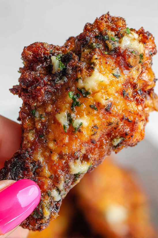 A person holding a piece of garlic Parmesan crispy air fried chicken wings.
