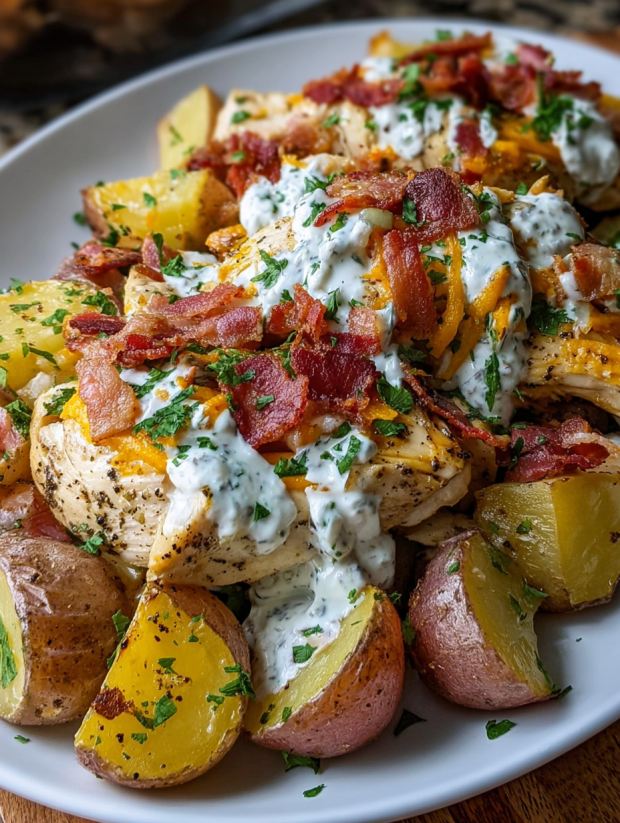 A plate of chicken, potatoes, and bacon.