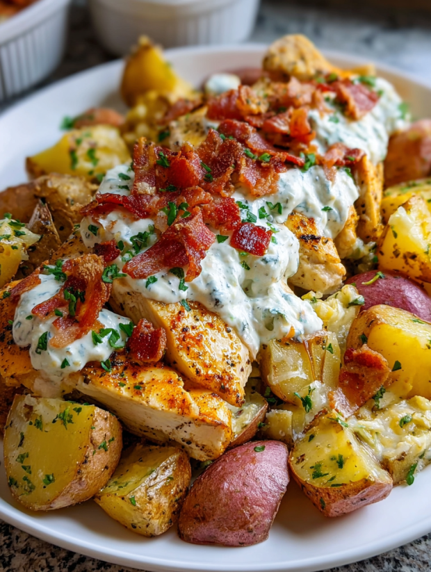 A plate of food with chicken, turkey, bacon, potatoes and other vegetables.