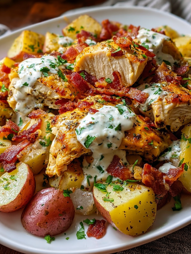 A plate of chicken, potatoes, and bacon.