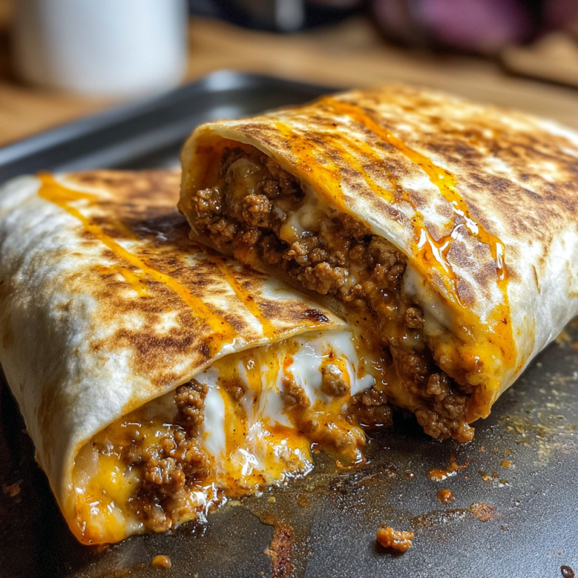A cheesy grilled cheese burrito on a pan.
