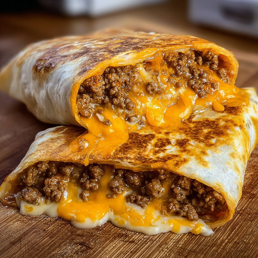 A cheesy grilled cheese burrito on a wooden table.