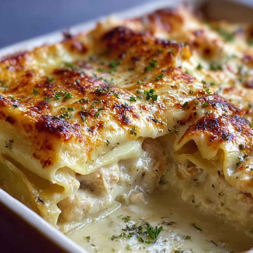 A plate of chicken Alfredo lasagna rolls.
