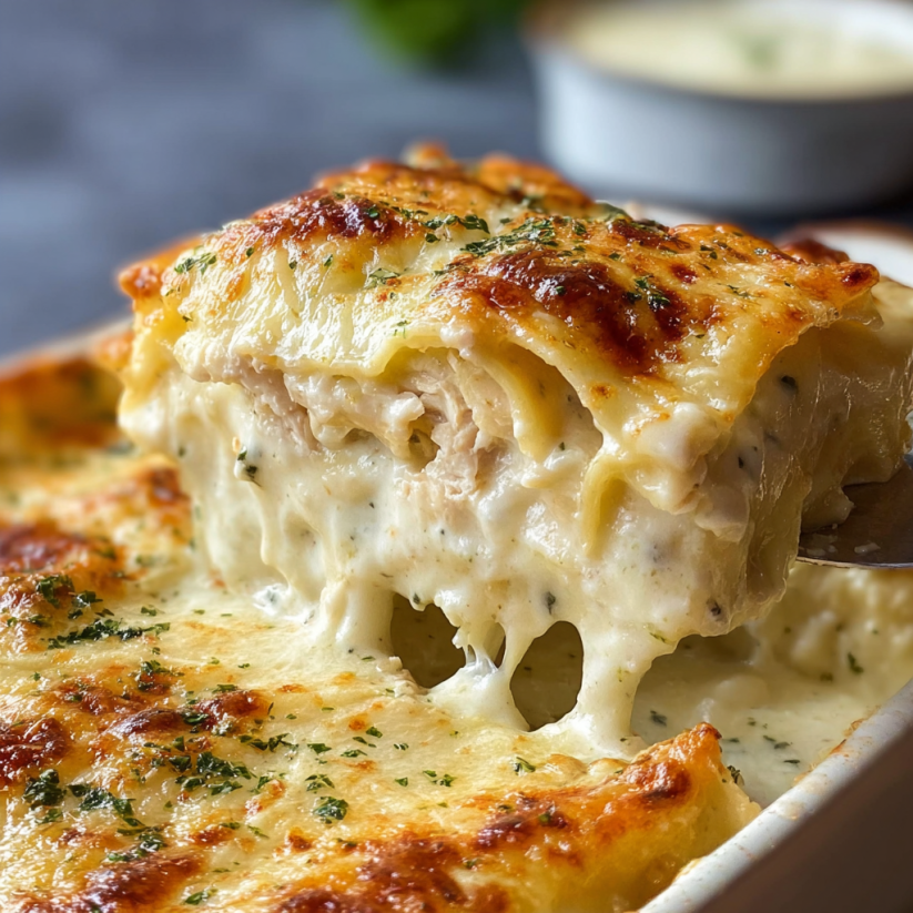 A slice of chicken Alfredo lasagna rolls.