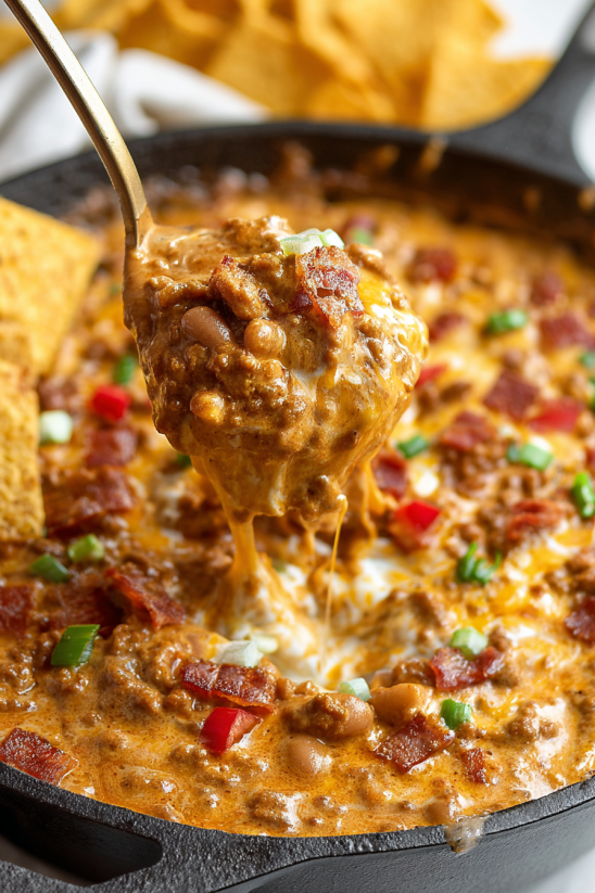 A spoon is in a bowl of chili cheese dip.